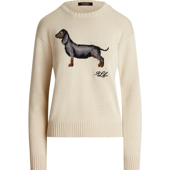 NWT Lauren Ralph Lauren Intarsia Dachshund dog Chalk Cotton Sweater XS - Picture 11 of 11